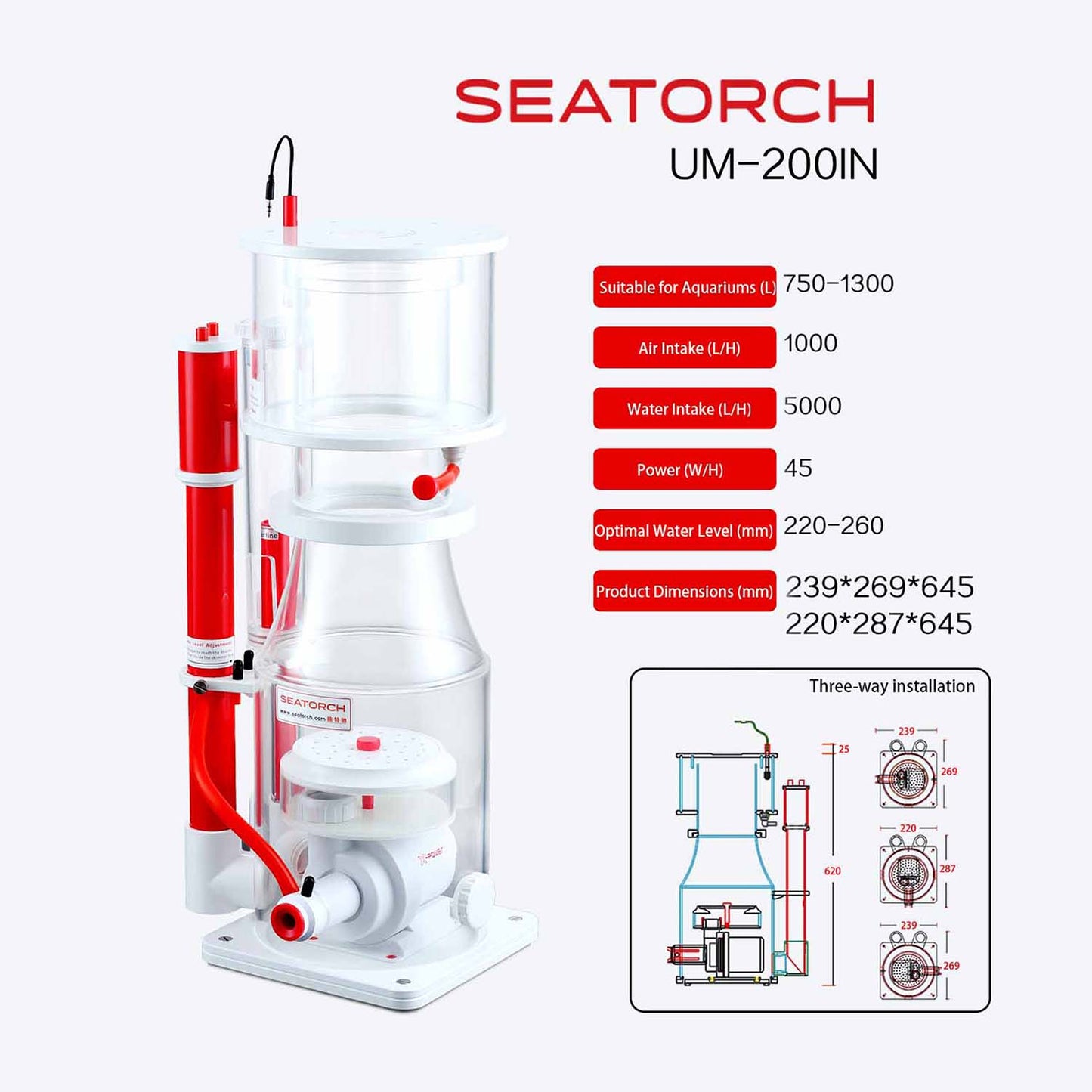 Seatorch Ultra-Marine Smart Protein Skimmer UM Series - Inverter Needle Pump, Quiet Operation, Physical Anti-Surge, Ideal for Marine Tanks