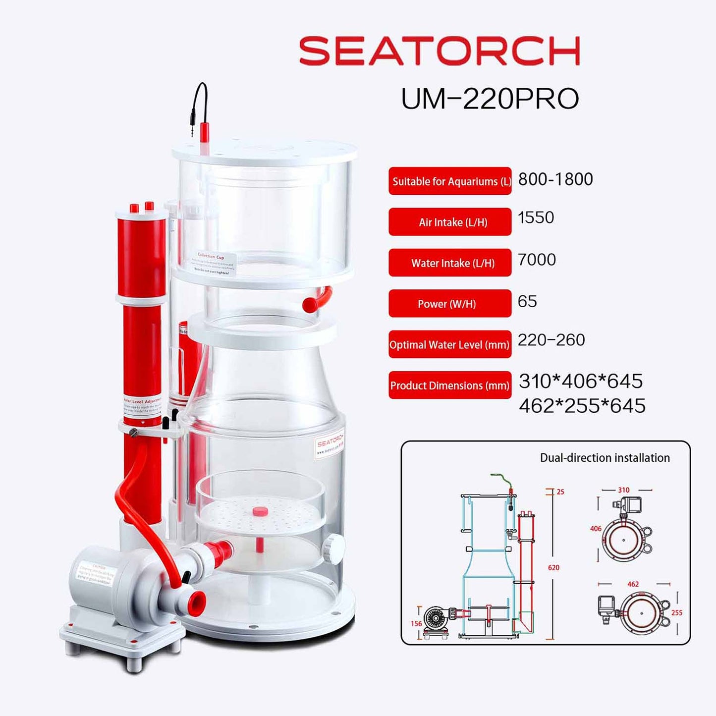 Seatorch Ultra-Marine Smart Protein Skimmer UM Series - Inverter Needle Pump, Quiet Operation, Physical Anti-Surge, Ideal for Marine Tanks