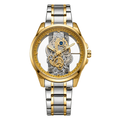 LUXEREL Skeleton Quartz Watch for Men, Two Tone Gold Silver Stainless Steel Wristwatch with Transparent Dial