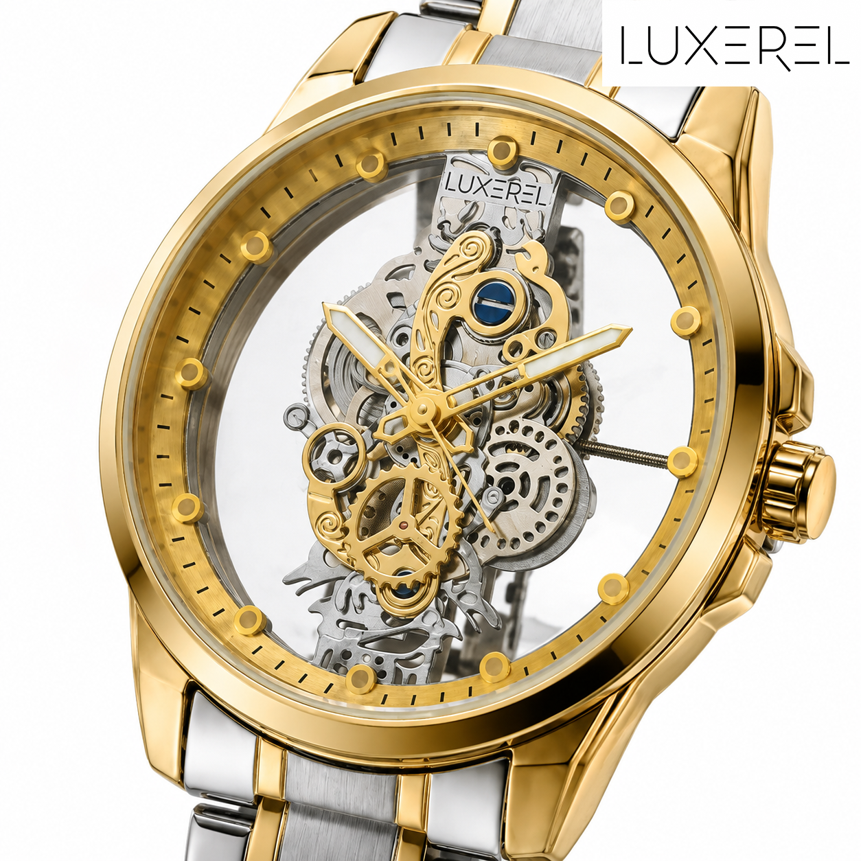 LUXEREL Skeleton Quartz Watch for Men, Two Tone Gold Silver Stainless Steel Wristwatch with Transparent Dial