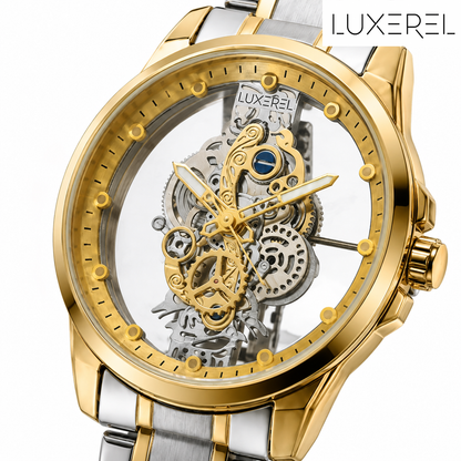 LUXEREL Skeleton Quartz Watch for Men, Two Tone Gold Silver Stainless Steel Wristwatch with Transparent Dial