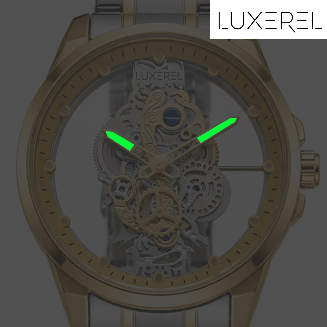 LUXEREL Skeleton Quartz Watch for Men, Two Tone Gold Silver Stainless Steel Wristwatch with Transparent Dial