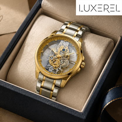 LUXEREL Skeleton Quartz Watch for Men, Two Tone Gold Silver Stainless Steel Wristwatch with Transparent Dial
