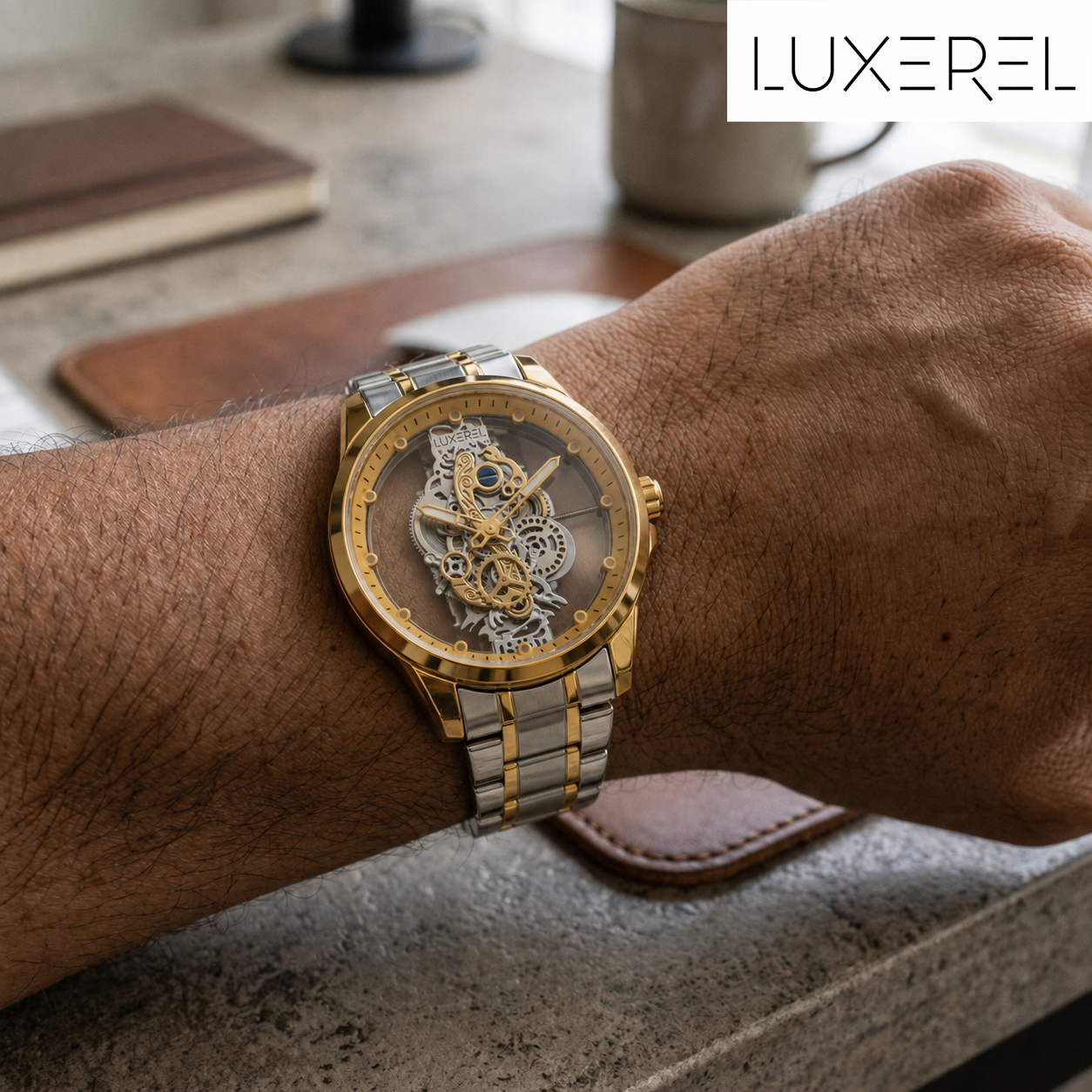 LUXEREL Skeleton Quartz Watch for Men, Two Tone Gold Silver Stainless Steel Wristwatch with Transparent Dial