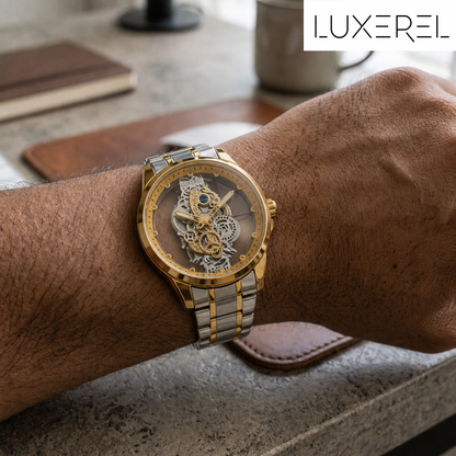 LUXEREL Skeleton Quartz Watch for Men, Two Tone Gold Silver Stainless Steel Wristwatch with Transparent Dial
