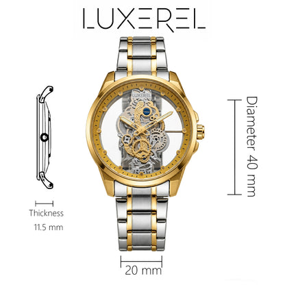 LUXEREL Skeleton Quartz Watch for Men, Two Tone Gold Silver Stainless Steel Wristwatch with Transparent Dial